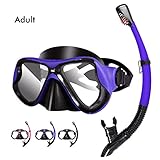 KUYOU 2020 Trocken Schnorchelset,Anti-Fog und Panorama-Weitblick Tauchmaske,Leichtes Atmen und Professionelle Schnorchelmaske mit Weichen Mundstück,Schnorchel Set für Erwachsene (Blau)