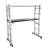 LARS360 Alu Baugerüst Gerüst 3 in 1 Multifunktionsleiter Leitergerüst Multigerüst Stehleiter Klappleiter Anlegeleiter mit 2x 6 Sprossen und 1.47m Arbeitsplattform 2x Rad Bis 150KG Belastbar (Silber)