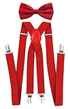 axy Hochwertige Herren Hosenträger mit Fliege - 4 Starken Clips X-Form (Rot (Hosenträger Breit 2,5cm))