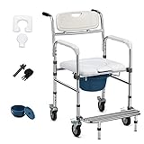 COSTWAY Höhenverstellbarer Toilettenstuhl mit klappbarer Fußstütze, Nachtstuhl mit Rollen, Rollstuhl bis 100kg belastbar, Toilettenrollstuhl inkl. Eimer, für Ältere, Verletzte und Behinderte, weiß