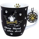 sheepworld Die Geschenkewelt 45704 Tasse Ohne Hund ist alles doof, Porzellan, sheepworld Design, 40 cl, mit Geschenk-Tag, schwarz-weiß