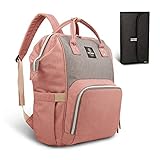 Pipibear Mutifunktionale Wickeltasche Rucksack, Wasserdichte Wickelrucksack Tasche, Große Reisetasche für Mutter und Baby (Rosa mit Grau)
