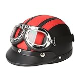 KKmoon Motorrad Roller Open Face halbes Leder-Helm Winter Winddichter Helm mit Visier UVschutzbrille Retro Vintage Style 54-60cm (Rot)