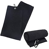 BEIFON 2 Stücke Tri-Fold Golf Handtuch Mikrofaser Sporthandtuch Golfhandtücher Einhängeöse Golf Towel Tuch Schwarz für Fitness Sport Outdoor Yoga Golf Laufen Fahrrad (40x60cm)