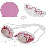 Zacro Schwimmbrille Badekappe Schwimmkappe lecksicher Schwimm Goggles mit UV Schutz, Antibeschlage Schwimmbrille mit 3 Verschiedene Nasensteg für Unisex Männer Frauen Mädchen Jungen - Rosa