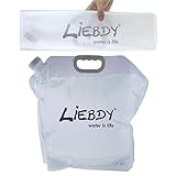 Liebdy® Faltbarer Wasserbehälter 10 Liter, BPA frei, mit dichtem Deckel + Griffmulde, Flexibler Wasserkanister für Unterwegs, Camping, Festival | transparent