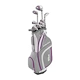 Wilson Anfänger-Komplettsatz, 9 um 1 Inch verlängerte Golfschläger mit Cartbag, Damen, Rechtshand, Stretch XL, weiß/grau/violett, WGG157555