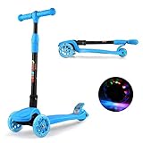 GOSFUN Kinderroller Faltbar mit 3 PU LED Leuchtenden Rädern, Kinderscooter ab 3-12 Jahre, 4 Stufen Einstellbare Höhe, Blau