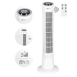 TECVANCE 4250772310432 Weiß, Tower Fan Basic-Turmventilator leise mit Fernbedienung, Säulenventilator, 90° oszillierender Ventilator, Turm Standventilator mit Zeitschaltuhr, 76 cm x 25,5 cm