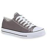 stiefelparadies Sportliche Damen Sneakers Metallic Schnürer Sneaker Low Spitze Turn Blumen Denim Stoff Flats Schuhe 41217 Grau Weiss 39 Flandell