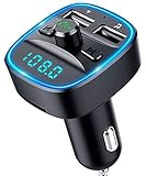 Bovon Bluetooth FM Transmitter Auto Radio Adapter, Auto Ladegerät mit 2 USB Anschlüsse und Freisprecheinrichtung, mit Blauem Umgebungslicht, Unterstützt TF Karte und USB-Stick (Schwarz)