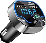 Bovon Bluetooth FM Transmitter, Bluetooth Auto Radio Transmitter Freisprecheinrichtung, Auto Ladegerät mit 2 USB Anschlüsse, Unterstützt TF Karte & USB Stick für Bluetooth-Geräte (Silver-Schwarz)