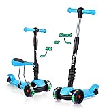 YOLEO 3-in-1 Kinder Roller Scooter mit Abnehmbarem Sitz, LED große Räder, Höheverstellbare Lenker für Kleinkinder Jungen Mädchen ab 2 Jahre (Blau)