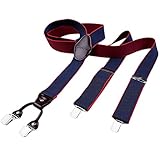 DonDon Herren Hosenträger 3,5 cm breit 4 Clips mit braunem Leder in Y-Form elastisch und längenverstellbar dunkelblau