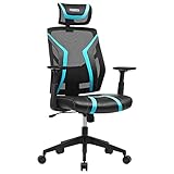 SONGMICS Bürostuhl, ergonomischer Drehstuhl, neigbar, verstellbare Kopfstütze, Armlehnen und gepolsterte Lendenstütze, Gamingstuhl, bis 120 kg belastbar, schwarz-blau OBN059B01