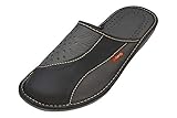 BeComfy Herren Hausschuhe Leder Pantoffeln Schwarz Echtleder Braun (43 EU, MI16 Schwarz-Grau)