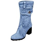Damen Stiefel Mid-Rise Solid Größe Slip-On Med Heels Stiefel Schuhe (40 EU,Hellblau)