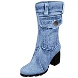 Damen Stiefel Mid-Rise Solid Größe Slip-On Med Heels Stiefel Schuhe (40 EU,Hellblau)