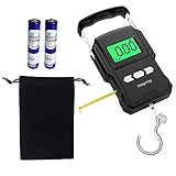 Kingrun Angelwaage, Fishing Scale 165lb / 75kg Hängewaage Gepäckwaage Digitale Kofferwaage Fischwaagen mit Maßband, Tragetasche und 2 AAA-Batterien, Beleuchtetes Display für Reisen/Familie/Küche