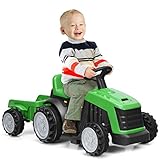 COSTWAY 6V Kinder Traktor mit abnehmbarem Anhänger, Elektro Traktor 2,5-3 km/h, 2-Gang Kinder Aufsitztraktor mit Vorwärts-/Rückwärtsschalter, geeignet für Kinder ab 2 Jahren (Grün)