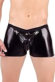 Andalea Glänzende Herren Boxershorts in schwarz mit Öffnung und Schlitz aus Wetlook Metarial Männer Shorts (S/M)
