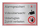 Schild Alarmgesichert Videoüberwacht | Unbefugten Zutritt verboten | stabiles Alu Schild mit UV-Schutz 30x20 cm | Silber gebürstet edle Optik | Alarmanlage Videoüberwachung Kameraüberwacht | Dreifke®