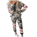 Lazzboy Jogginganzug Damen Camouflage Printed Sets Kapuzenpullover Lounge Wear Anzug Sport Set Freizeitanzug Sportanzug Trainingsanzug für Running Yoga Gym Sportswear ( Armeegrün,2XL )