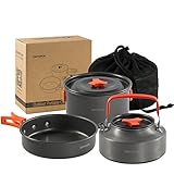 SKYSPER Camping Kochgeschirr Set 4-teiliges Outdoor Kochgeschirr Tragbar Camping Geschirr Set Aluminium Campinggeschirr Kochtopf Set Geschirr Pfanne Picknickgeschirr für Rucksackreisen Wandern