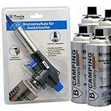 TronicXL Lötbrenner + 4 Kartuschen Aufsatz für Butan Gas Kartuschen - Löt brenner Gasbrenner Gasanzünder Lötlampe mit Piezozündung Bajonett Anschluss Set