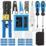 Proster RJ45 Crimpzange, 129 in 1 Professionelle Netzwerk Reparatur Werkzeugsatz, LAN-Kabeltester Netzwerk Crimper Abisolierschneider Kabelanschluss für RJ11/ RJ12/ CAT5/ CAT6/ Cat5e (Blau)