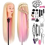 Frisierkopf für Frisöre, MYSWEETY 100% Synthetisches Haar Trainingskopf für Kinder Training Frisur Salon, Blond-Rosa Steigung 73.6cm, mit Zubehör & Klemme #22