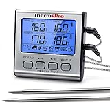 ThermoPro TP17 Digitales Grill-Thermometer Bratenthermometer Fleischthermometer Ofenthermometer mit Timer, Zwei Edelstahlsonden, Blaue Hinterbeleuchtung, Temperaturbereich bis 300°C