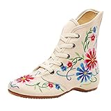 Stiefel Damen Westernabsatz Kurzschaft Schnürstiefel Blumen Bestickt Stiefeletten High-top Steigern Sie innerhalb Schnürsenkel Schuhe (38 EU, Weiß)