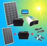 200W Komplette 220V Solaranlage TÜV mit 2x 100Ah Akkus 200W Solarmodul 1000W Spannungswandler Gartenhaus NEU Solar Garten Set Camping Wohnmobil Inselsystem Solarzelle Solarzelle 230V Volt Watt 100 200 Ah