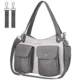 CANWAY Baby Wickeltasche Henkeltasche für Reise, Multifunktionale Windeltasche mit 1 Paar Kinderwagenhaken, Wasserdicht Babytasche für Mama und Papa Grau&Weiß M-Größe2