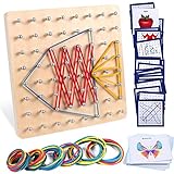 Lewo Holz Geoboard Montessori Spielzeug Mathematische Manipulationen STEM Spielzeug Lernspielzeug mit 48 PCS Musterkarten und Latexbändern