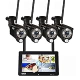 【LED Strahler+PIR Wärmesensor】 Tonton Überwachungskamera mit Monitor WLAN Außen 7' Zoll aufladbare Batterie Touchmonitor 4 * 3MP Sicherheitskamera, Gegensprechfunktion, Pre-Aufnehme, 32GB Karte