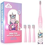 Elektrische Zahnbürste Kinder Wiederaufladbare, Ultraschall kinderzahnbürste mit Timer mit Schalltechnologie für Jungen und Mädchen (Rosa Einhorn)
