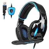 SADES SA902 PC Gaming Headset 7.1 Virtual Surround Stereo Verkabelt USB Computer Gaming Headset Kopfhörer mit Mikrofon Lautstärkeregler für Computer (Schwarz & Blau)