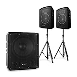 Skytec 2.1 - PA DJ Set, aktiver PA Suboofer mit Bi-Amp und 25cm PA-Lautsprecher Paar, inkl. Stativen, 600W Subwoofer, 2 x 2550W PA-Satelliten-Lautsprecher, Transporttasche, schwarz