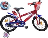 Kinderfahrrad 16 Zoll mit 2 Bremsen, Frontplatte dekorativ, Flaschenhalter, Schutzblech, Luftbereifung + Helm Spiderman inklusive, für Jungen, Rot & Blau
