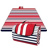 Homfa 200 x 200 cm Picknickdecke XXL Stranddecke aus Fleece Wasserdicht groß Faltbar Leicht mit Tragegriff Matte Decke für Camping Picknick Reise (Rot-Blau Streifen)