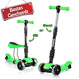 YOLEO 3-in-1 Kinderscooter Kinder Roller mit Abnehmbarem Sitz, LED große Räder, Höheverstellbare Lenker für Kleinkinder Jungen Mädchen ab 2 Jahre (Grün)