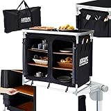 Arebos Campingküche | 6 Fächer | Größe L | Schwarz | inkl. Transporttasche | Füße justierbar | Geeignet für: Garten, Camping, Party, Buffet