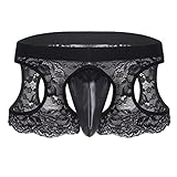 CHICTRY Herren Boxershorts Lackoptik & Spitze Strings Tanga Bikini Slip Unterwäsche Unterhose Männer Hose mit Öffner Hintern M L XL Schwarz Large