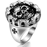 JewelryWe Schmuck Herren Ring, Edelstahl, Gotik Totenkopf Fahrradkette Herrenring Band, Silber, Größe 67