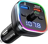 VicTsing FM Transmitter Auto Bluetooth V5.0 &QC3.0, Transmitter für Auto Bluetooth [mit 7 Farbiges Umgebungslicht] Bluetooth Adapter Auto mit 2 USB Anschlüsse, Unterstützt TF Karte/USB-Stick