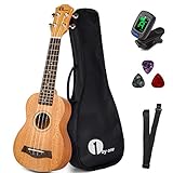 1byone Ukulele Konzert Mahagoni Ukulele 21 Zoll mit Digital-Tuner, 3 Plektren, Gurt und Schwarzer Gitarrentasche