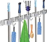 Edelstahl Besenhalter, Gerätehalter Wandhalterung, Mop Halter Ordnungsleiste mit 5 Schlitze und 4 Haken für Zuhause, Küche, Bad, Garage, Garten
