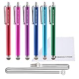 The Friendly Swede 6 Stück Hybrid Touchscreen Stift, Eingabestift, Stylus mit Mikrofaserspitze [11,5 cm] + 6 x 38 cm Lange Schnüre + 1 x Reinigungstuch (Silber Gelb Grün Blau) (Lila Blau Grün)